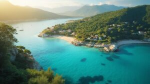 Paysage côtier méditerranéen avec une baie turquoise et des montagnes boisées.