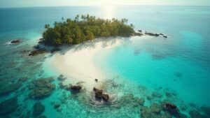 Vue aérienne d'une île paradisiaque avec palmiers et plage de sable blanc